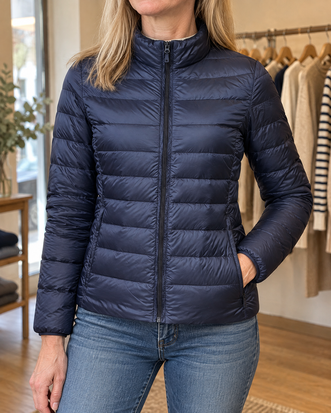 Eveline - Lightweight Puffer Jacket in navy, detail of the stand collar and the narrow quilted channels