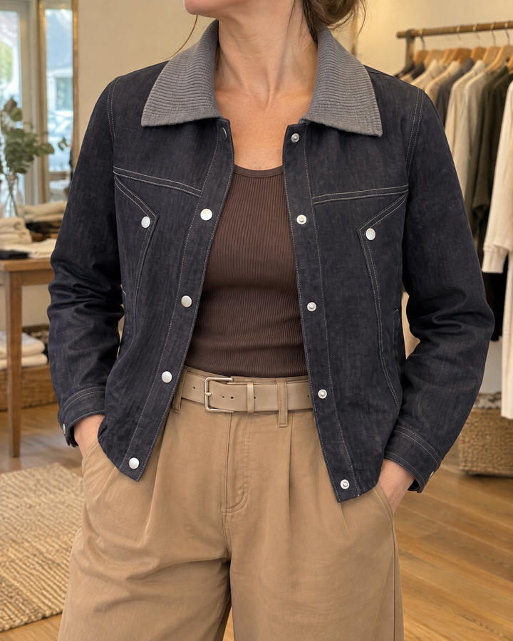 Severine - Contrast Collar Denim Jacket in indigo, detail of the rib-knit collar, the yokes and the snaps