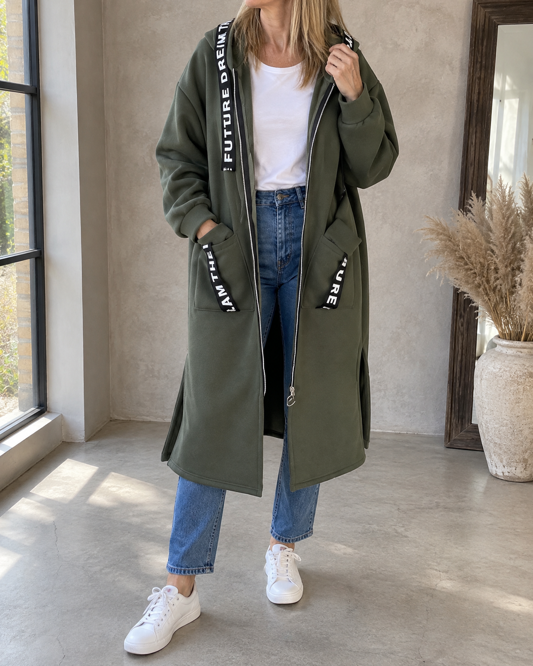 Adrienne - Hooded Fleece Coat in army green, front view