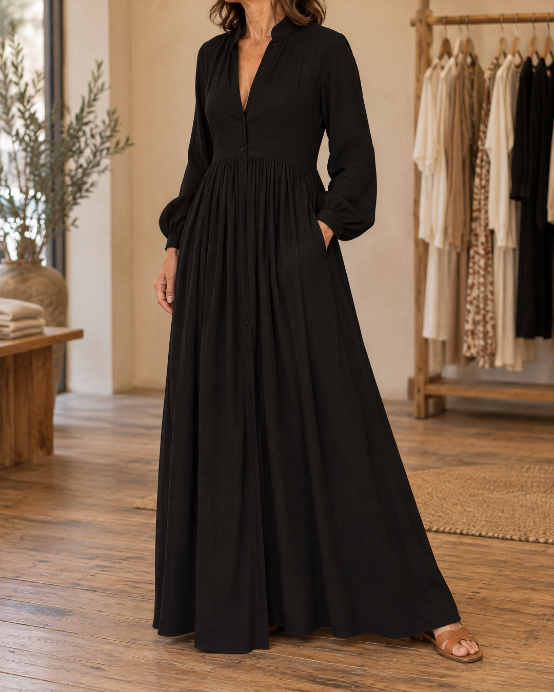 Colette - Button-Front Maxi Dress in black, front view