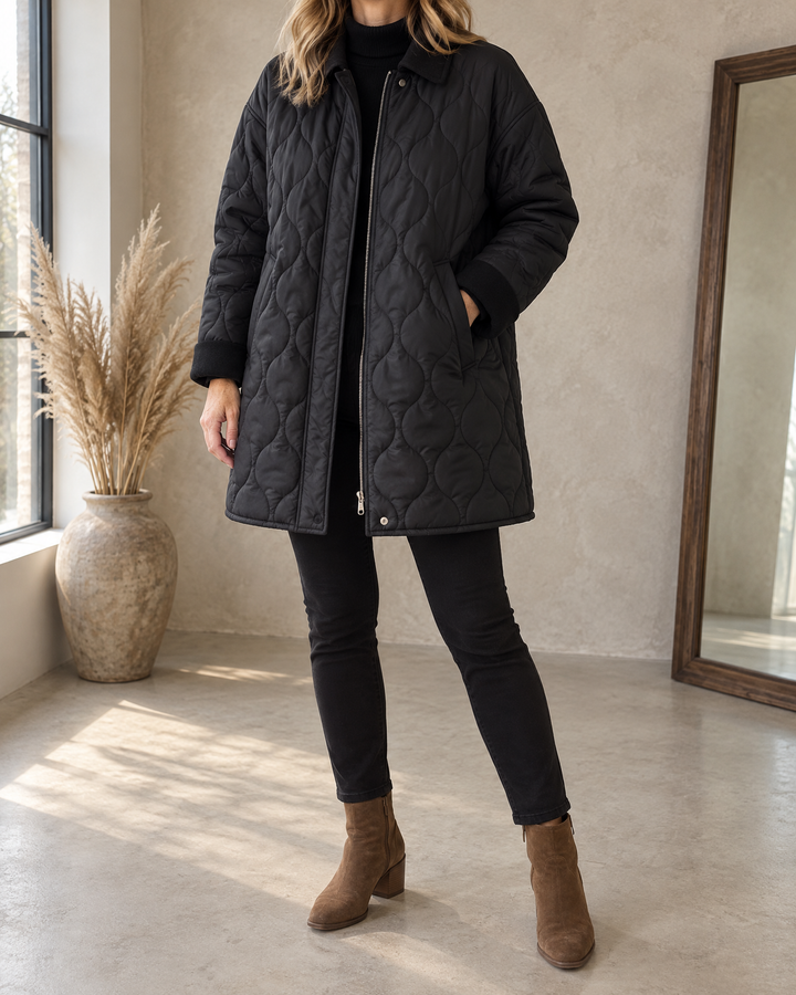 Leopoldine - Quilted Longline Jacket in black, front view