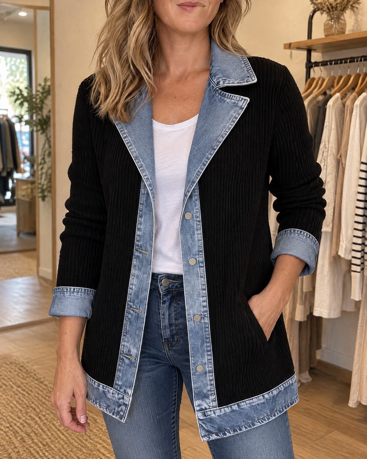 Clarisse - Knit and Denim Jacket in black, front view
