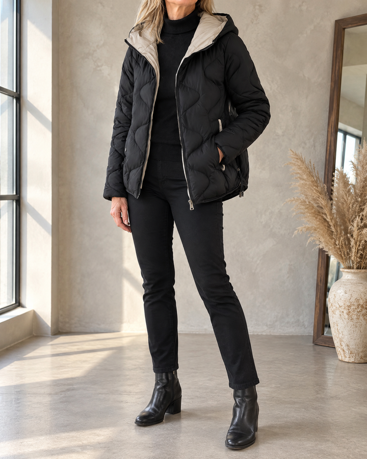 Carole - Wave Quilted Hooded Jacket in black, front view