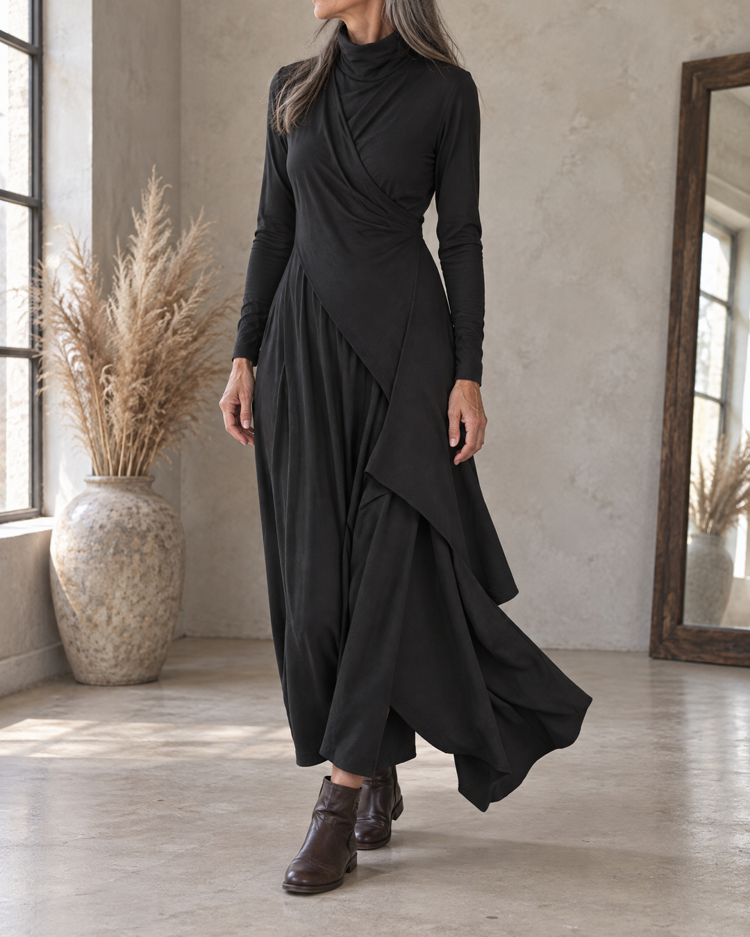 Sylvie - Draped Turtleneck Maxi Dress in black, front view