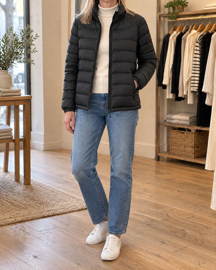Adeline - Stand Collar Puffer Jacket in black, front view