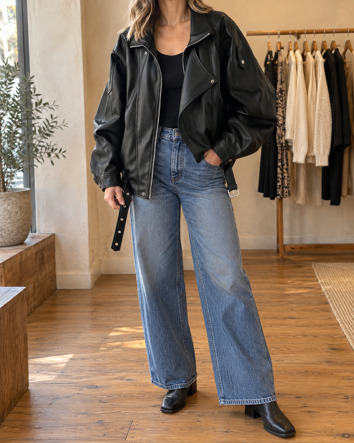 Mirabelle - Oversized Faux Leather Biker Jacket in black, front view