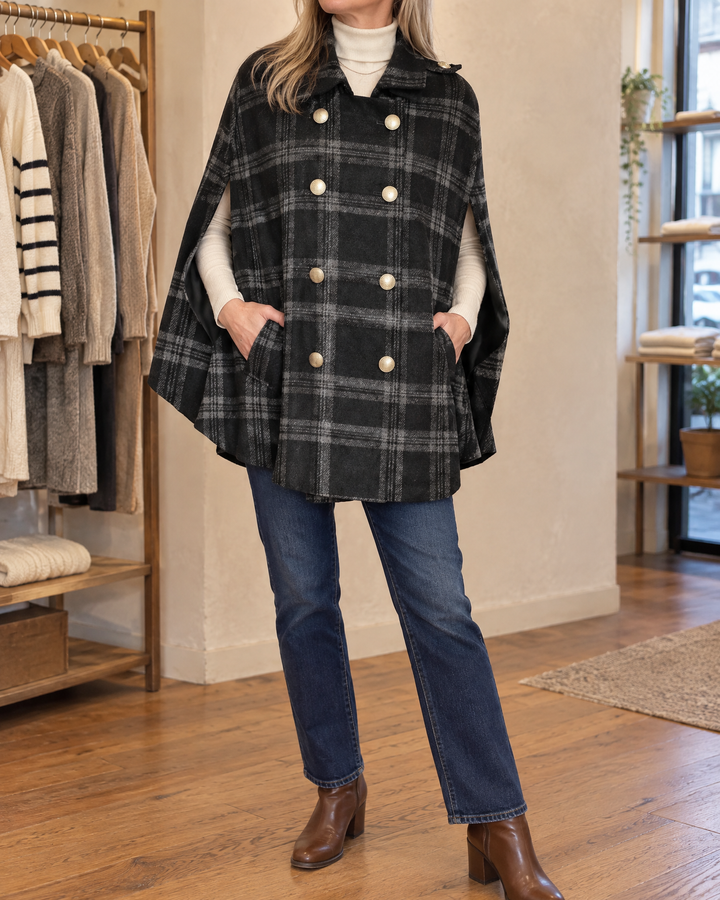Marthe - Plaid Cape Coat in black, front view