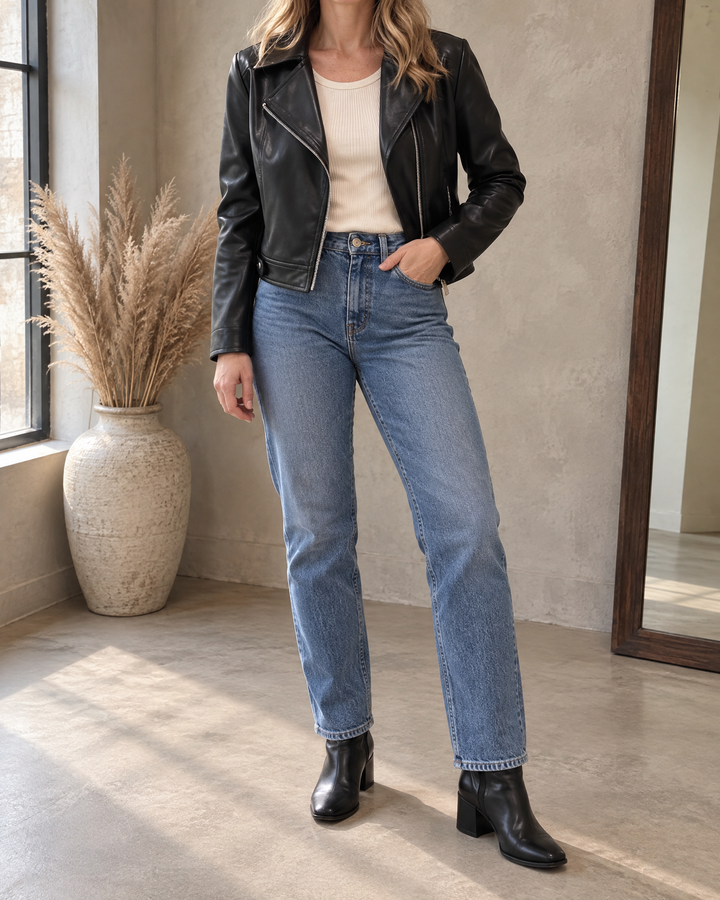 Valerie - Cropped Faux Leather Biker Jacket in black, front view