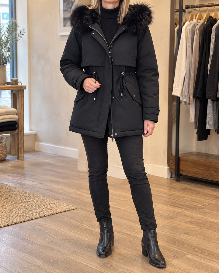 Geraldine - Plush Lined Parka in black, front view