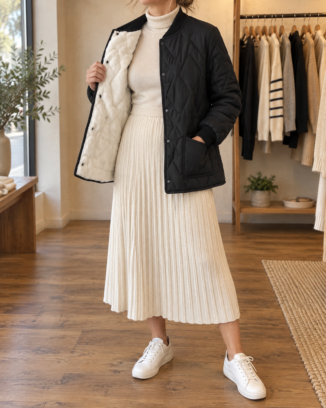 Dominique - Rib Collar Quilted Jacket in black, front view