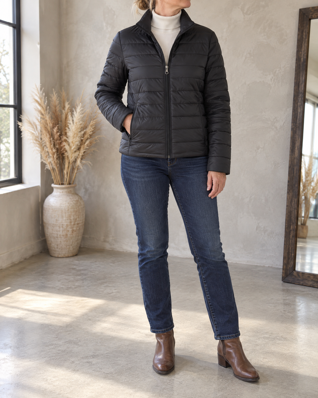 Alice - Fleece Lined Quilted Jacket in black, front view