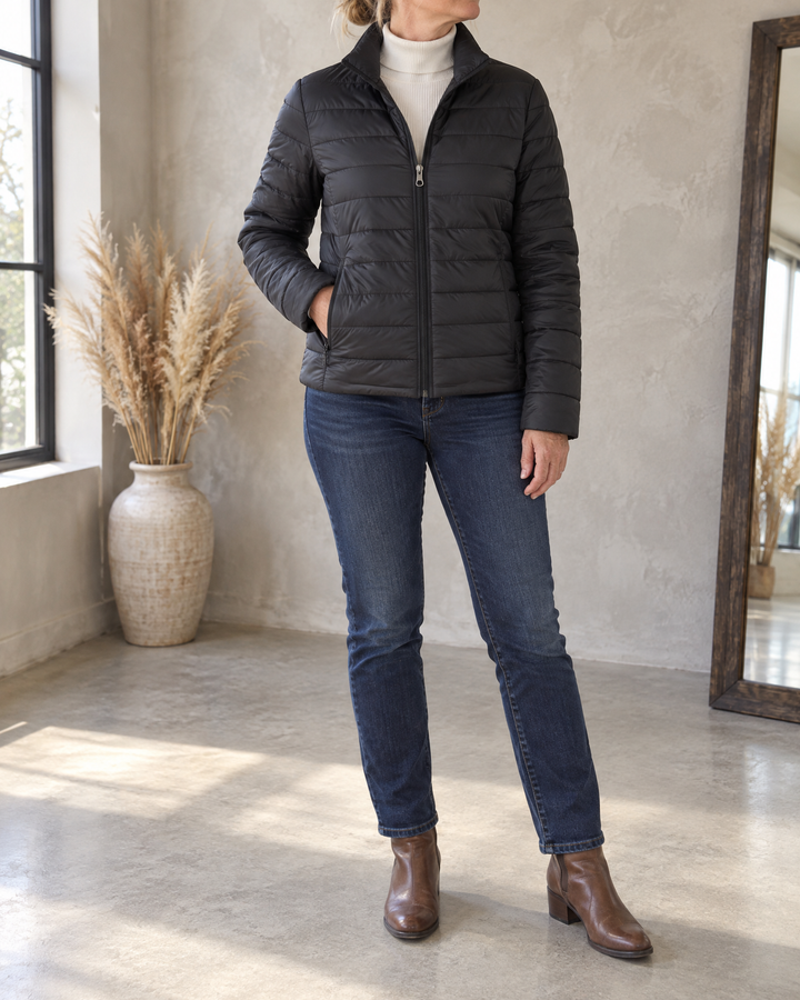 Alice - Fleece Lined Quilted Jacket in black, front view
