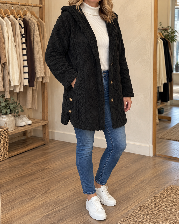 Corinne - Hooded Sherpa Jacket in black, front view