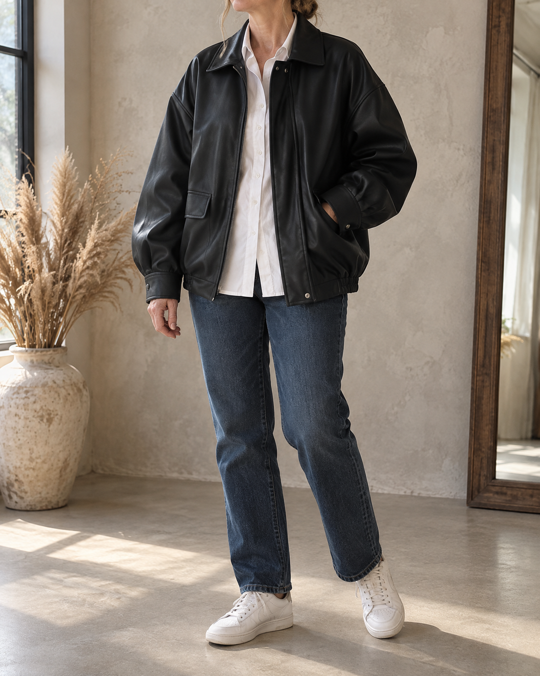 Leontine - Oversized Faux Leather Bomber in black, front view