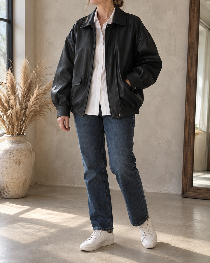 Leontine - Oversized Faux Leather Bomber in black, front view
