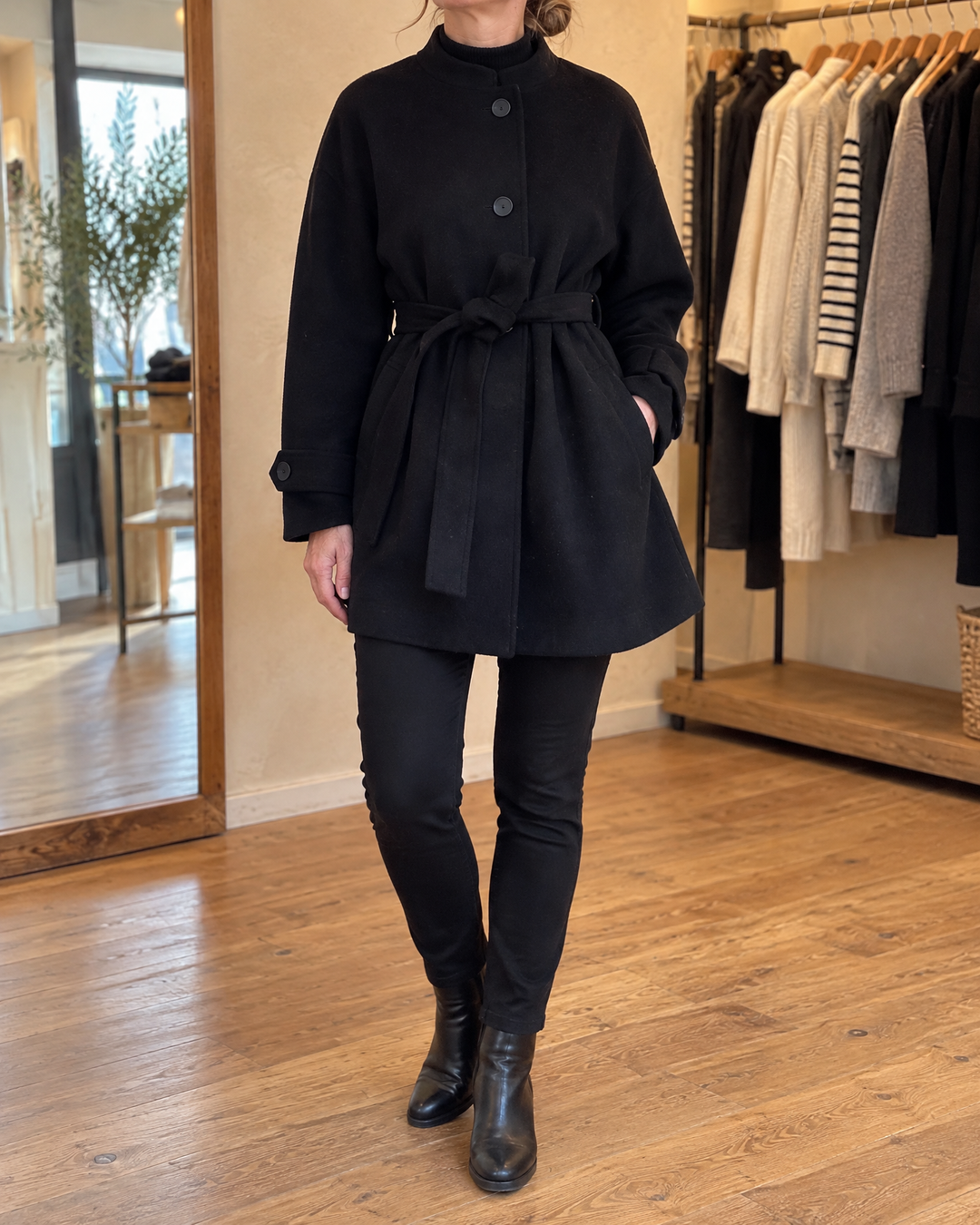 Lorelei - Belted Wool-Look Coat in black, front view