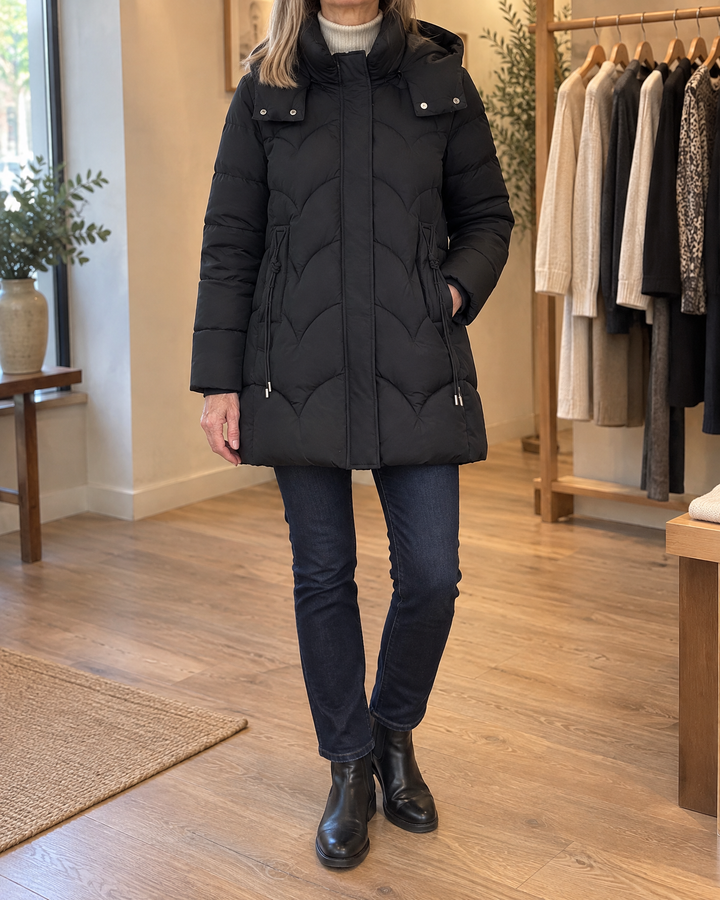 Esther - Wave Quilted Puffer Coat in black, front view