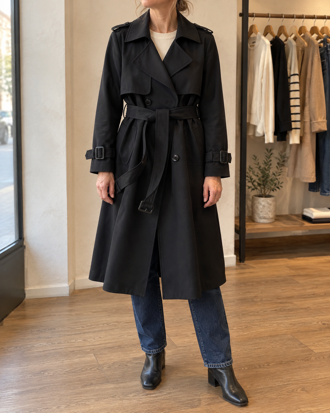 Monique - Long Belted Trench Coat in black, front view