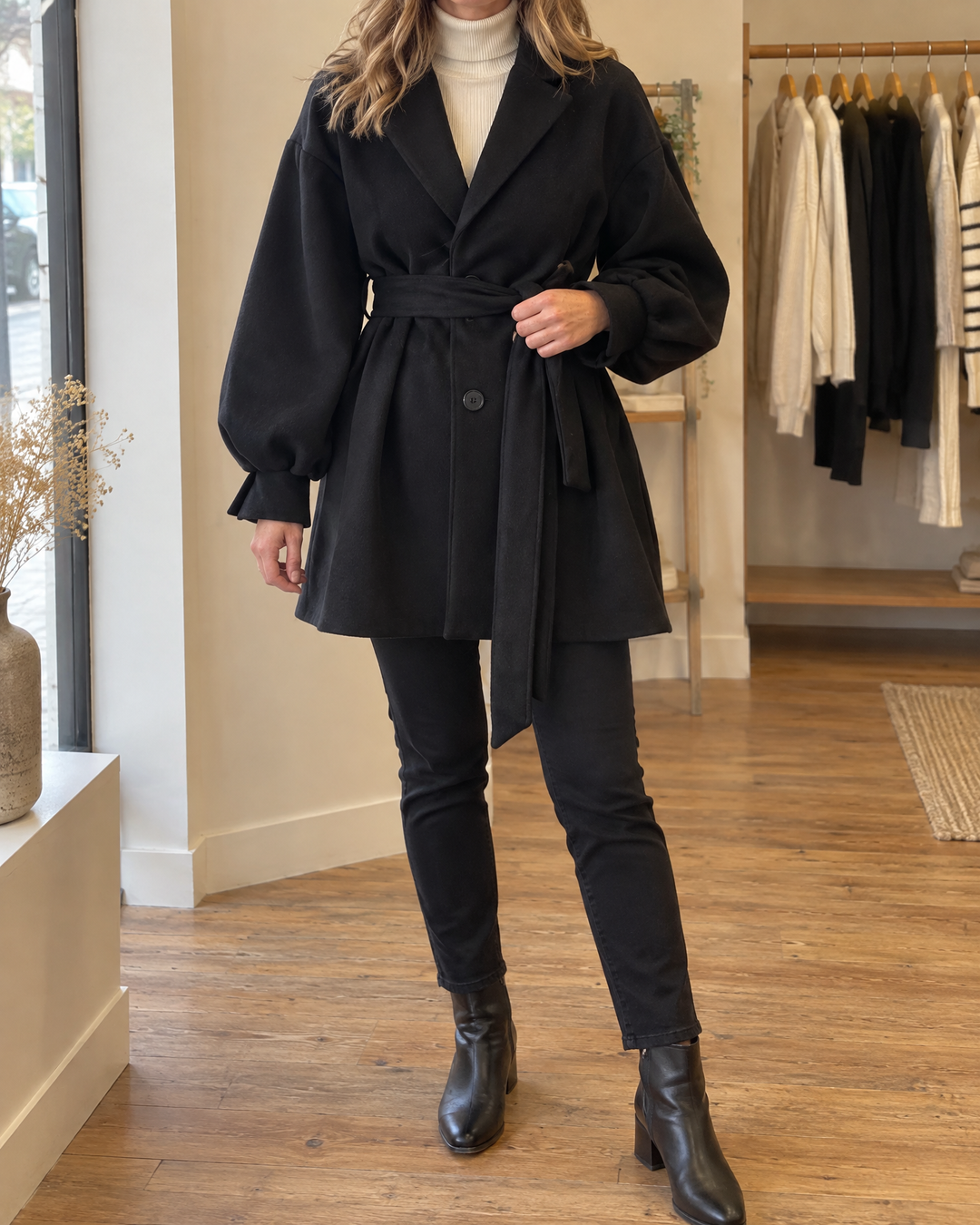 Martine - Balloon Sleeve Belted Coat in black, front view