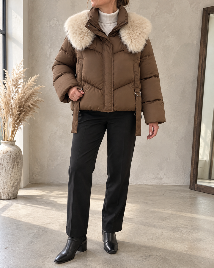 Chloe - Faux Fur Shawl Collar Puffer in brown, front view