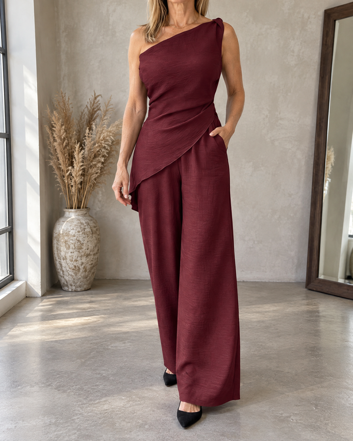Daphne - One-Shoulder Draped Set in burgundy, front view