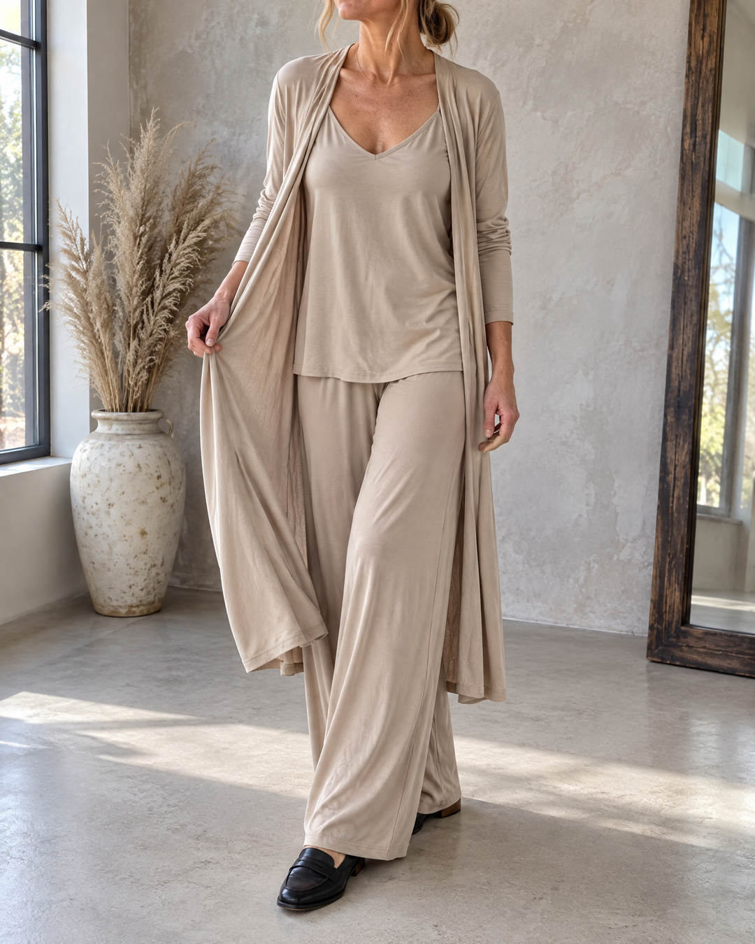 Ninon - Three-Piece Cardigan Set in camel, front view