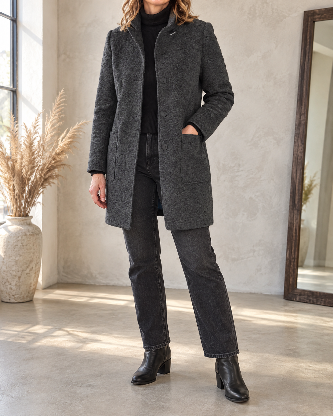 Augustine - Stand Collar Wool-Look Coat in charcoal, front view