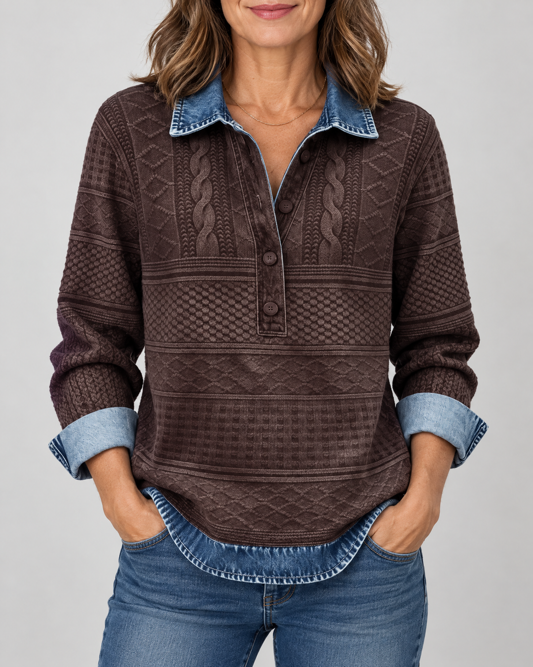 Annelise - Cable-Look Collared Top in coffee, front view