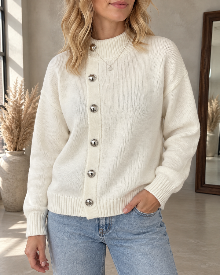 Sixtine - Silver Button Mock Neck Sweater in cream, front view