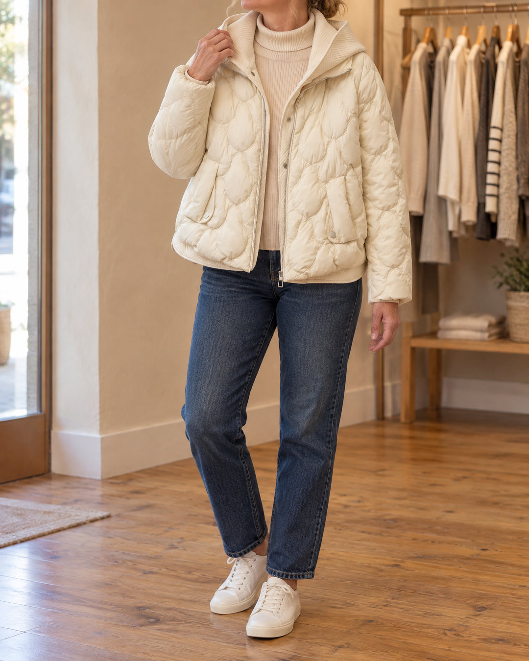 Cassandre - Knit Hood Puffer Jacket in cream, front view