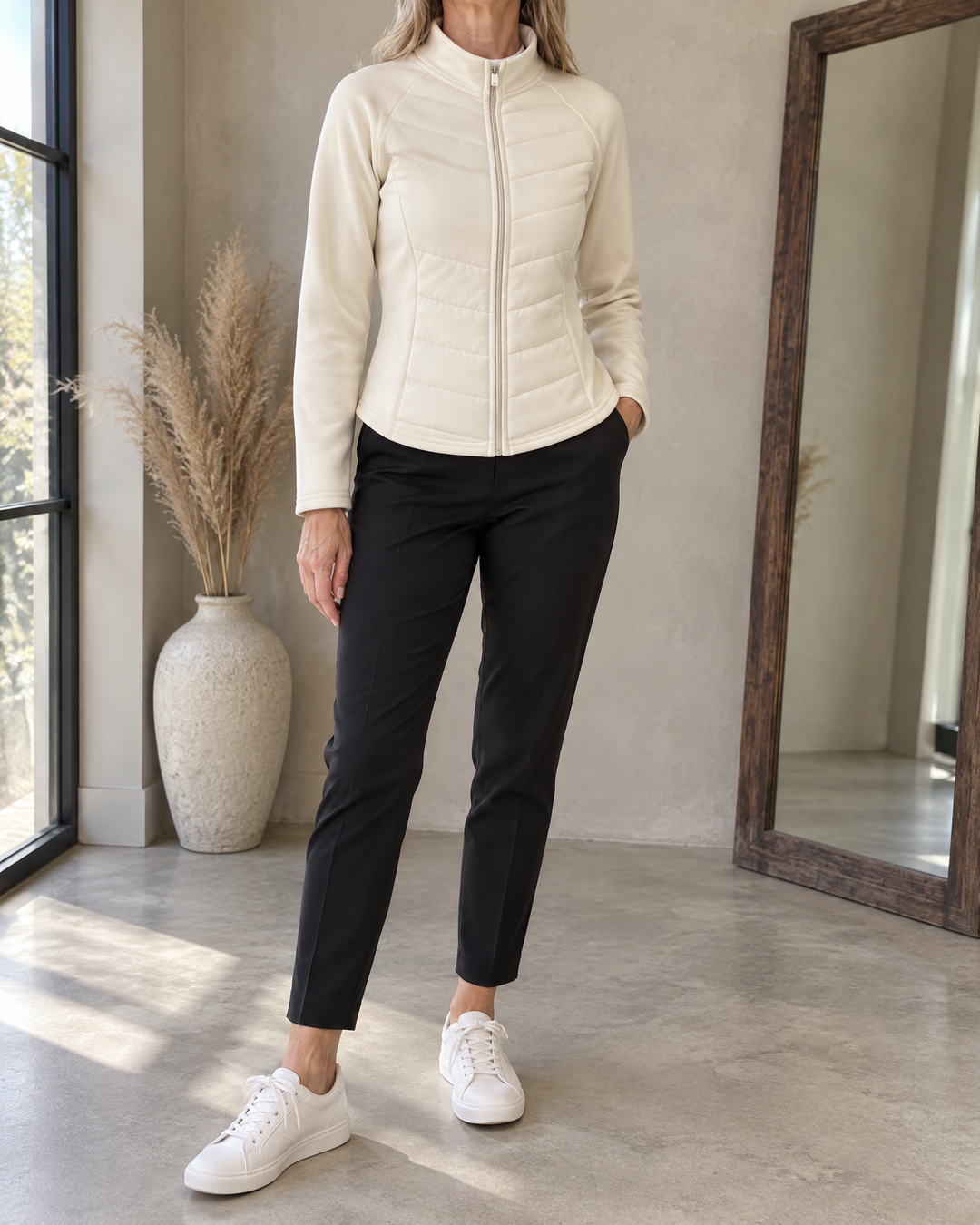 Ambre - Quilted Stand Collar Jacket in cream, front view