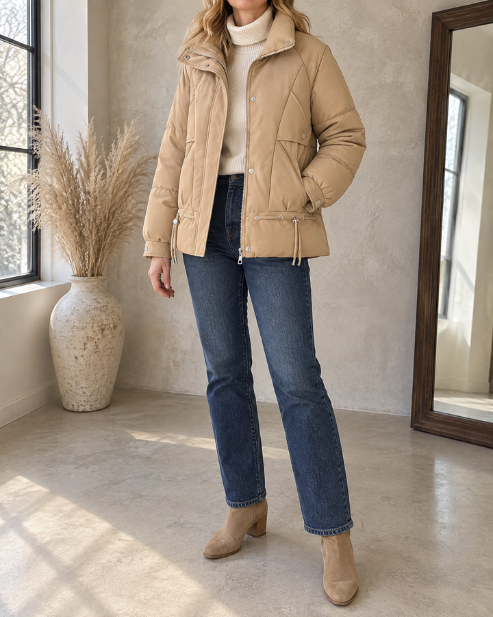 Angele - Chevron Quilted Puffer Jacket in khaki, front view