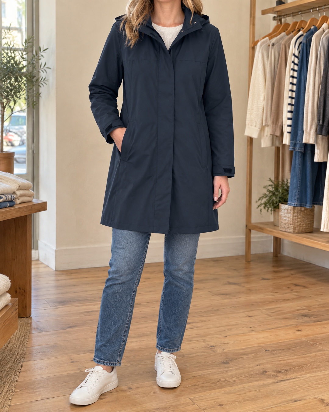 Jacqueline - Water-Repellent Hooded Coat in navy, front view