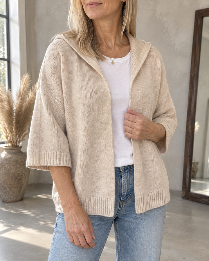 Viviane - Hooded Open-Front Cardigan in oat, front view