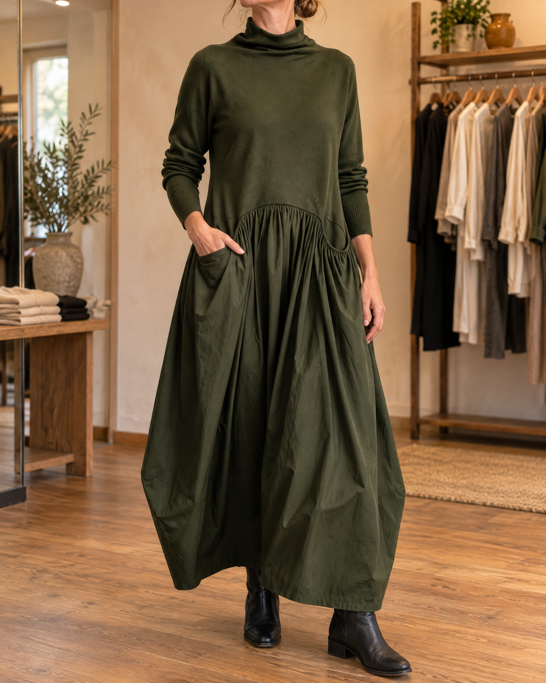 Odette - Turtleneck Maxi Dress in olive, front view