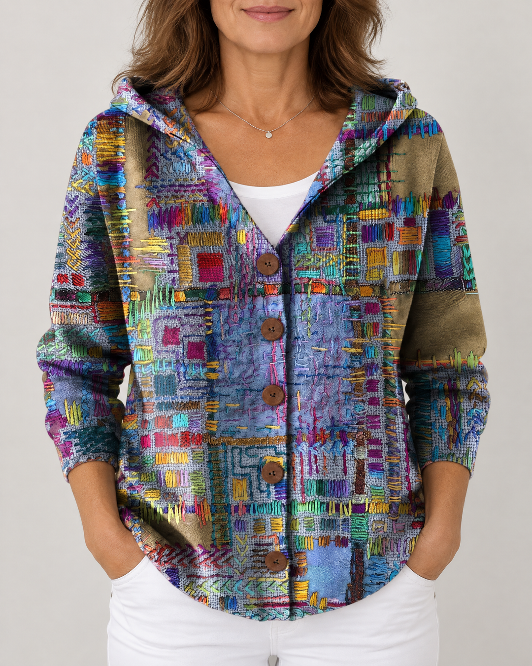 Isadora - Printed Hooded Cardigan in purple, front view