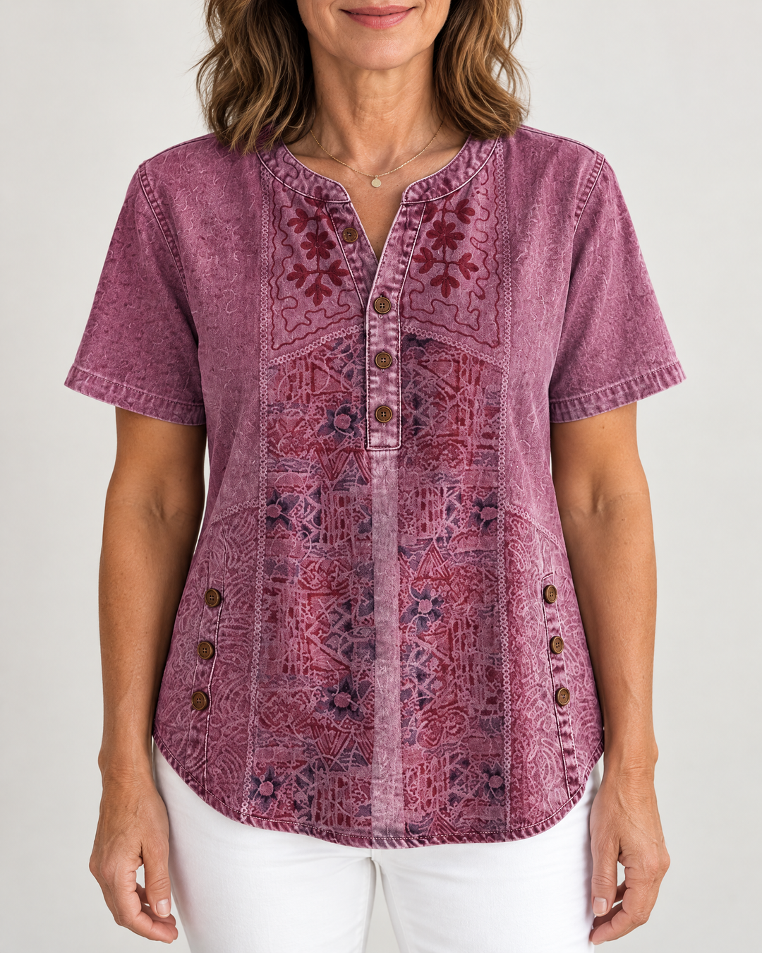 Ottilie - Art Print Henley Top in raspberry, front view