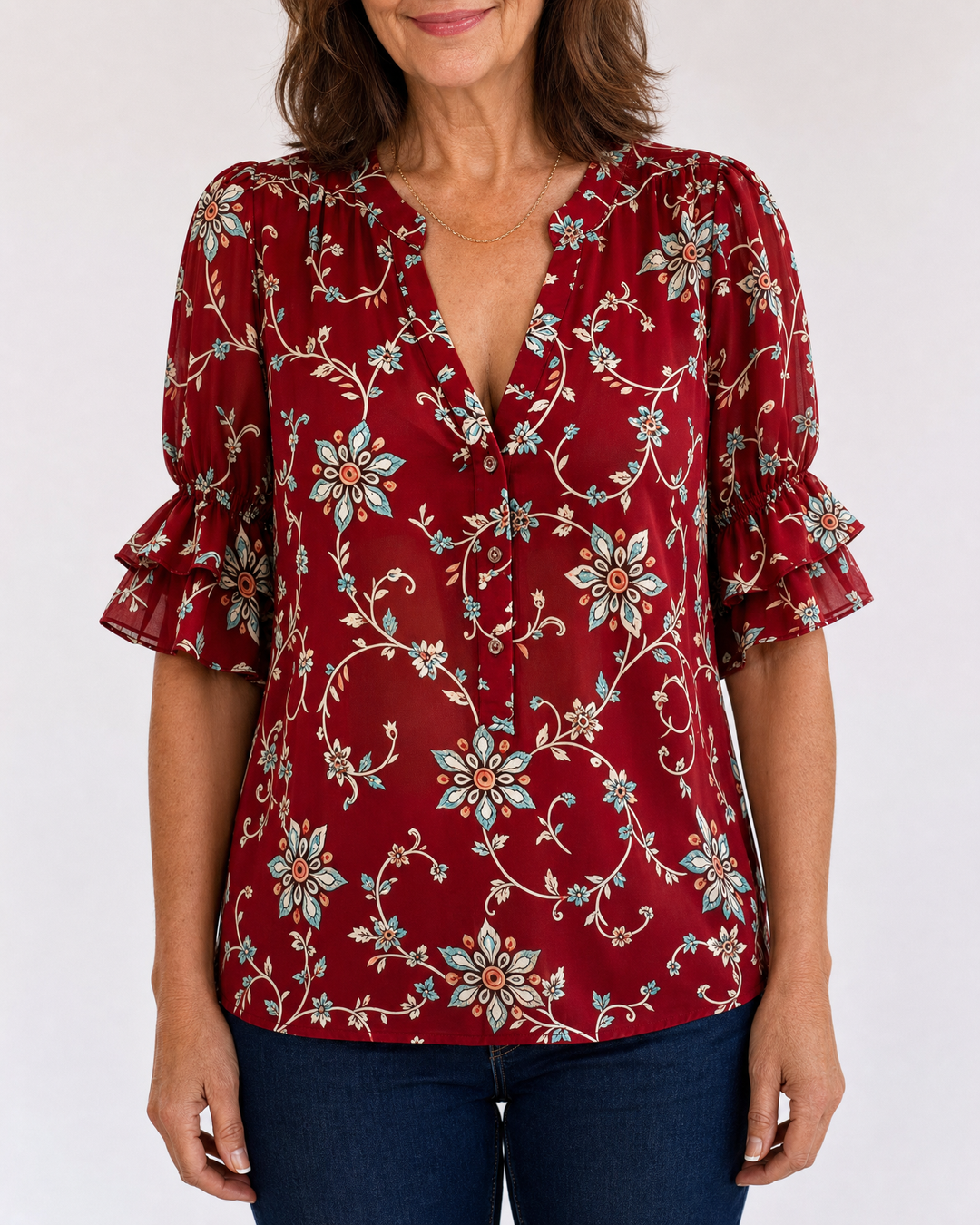 Vivienne - Vintage Print Blouse in red, front view