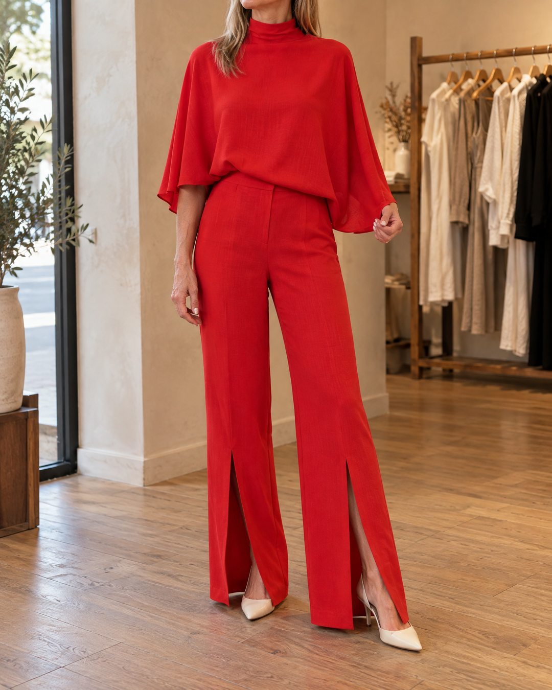 Cecile - Mock-Neck Cape Top Set in red, front view
