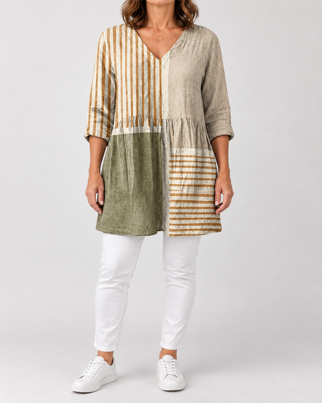 Marguerite - Printed Tunic Top in sand stripe patchwork, front view