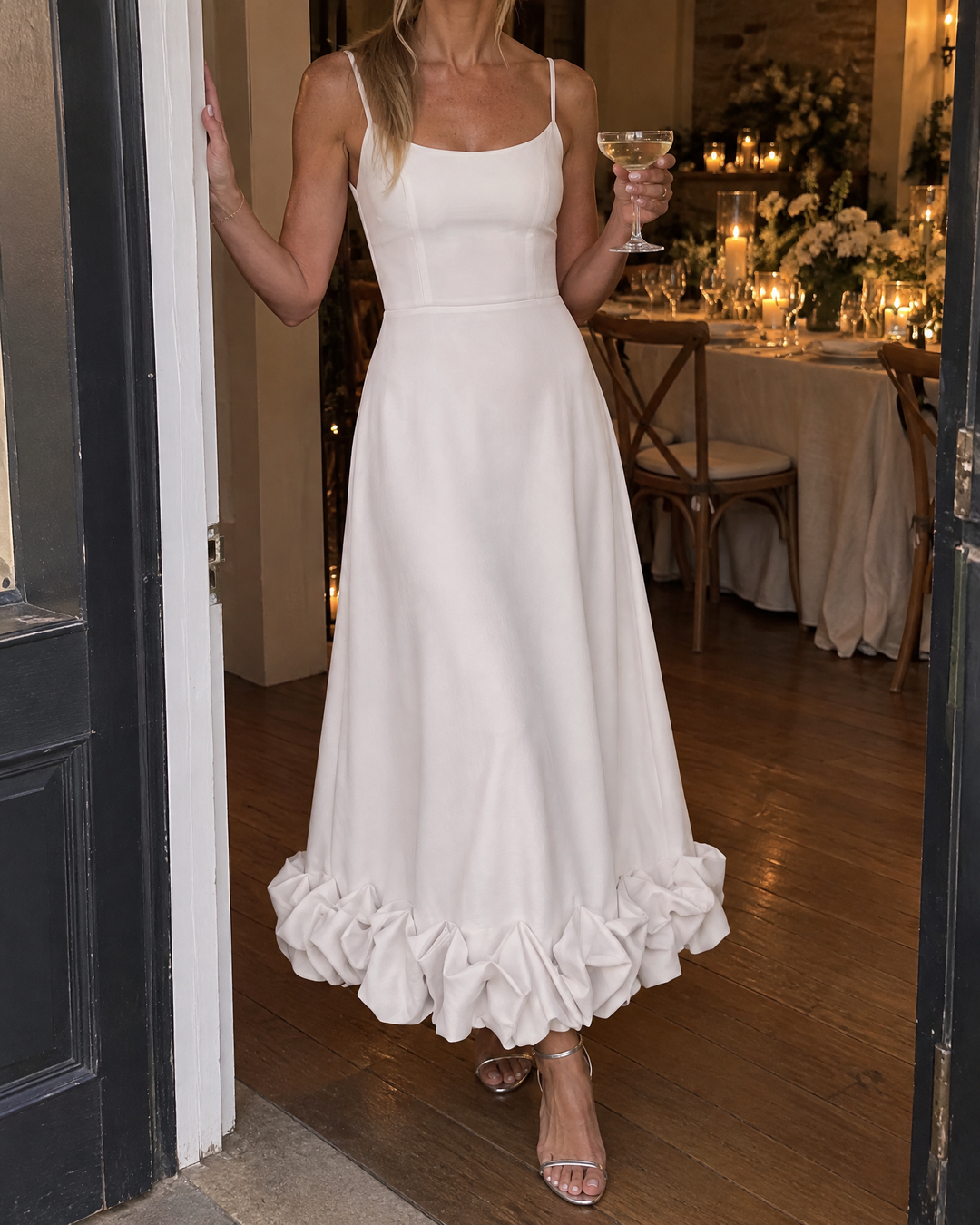 Rosine - Ruffle Hem Cami Maxi Dress in white, at a wedding