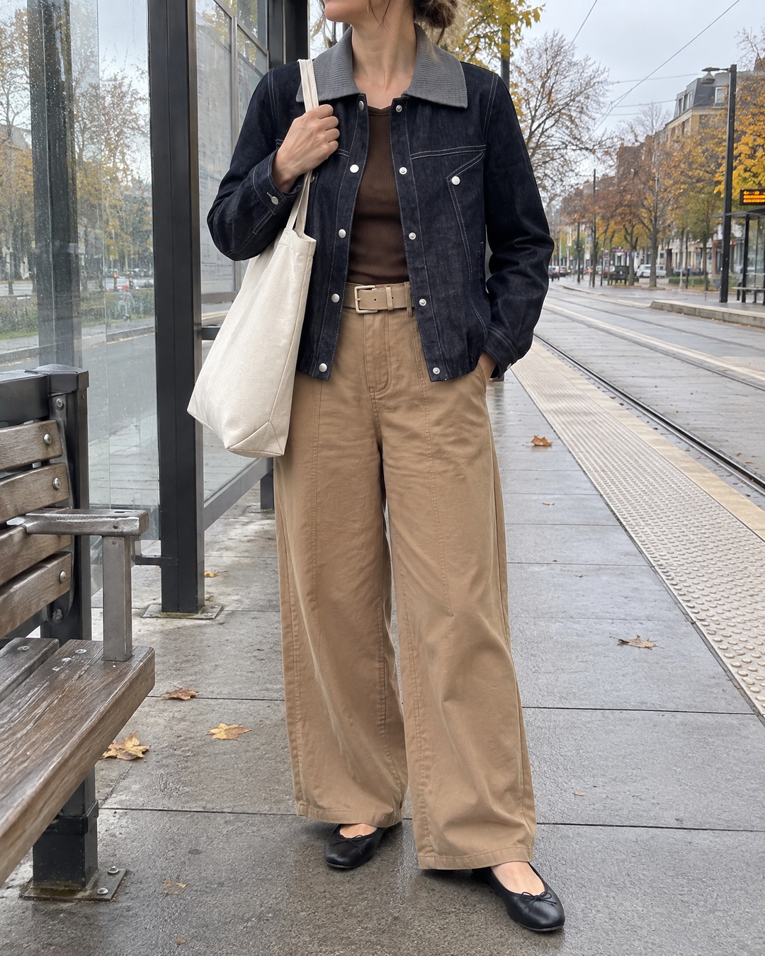 Severine - Contrast Collar Denim Jacket in indigo, at the tram stop on a grey morning