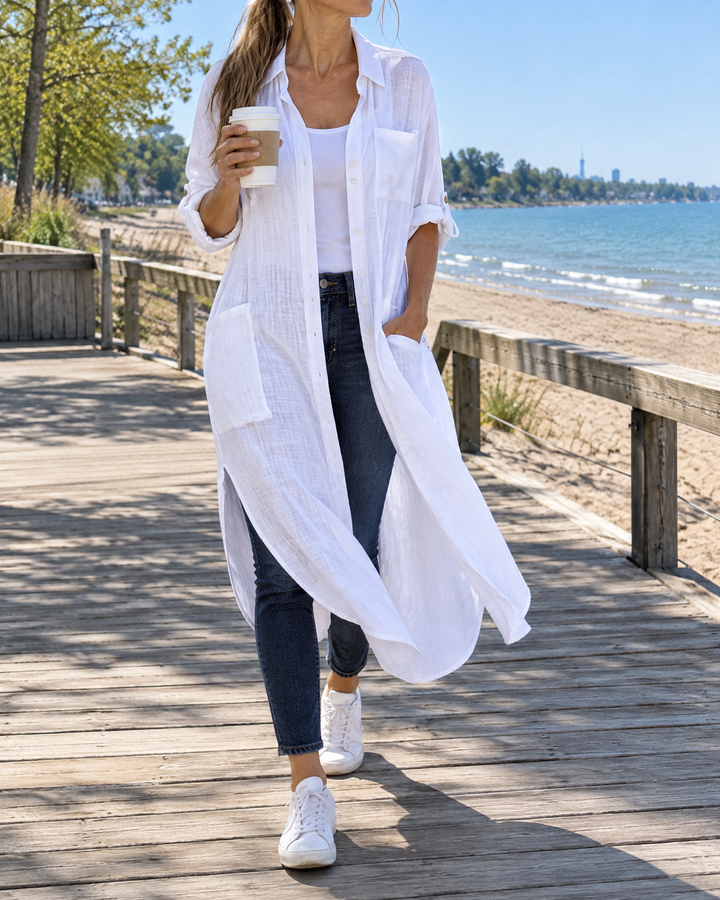 Madeleine - Cotton Shirt Dress in white, on the boardwalk
