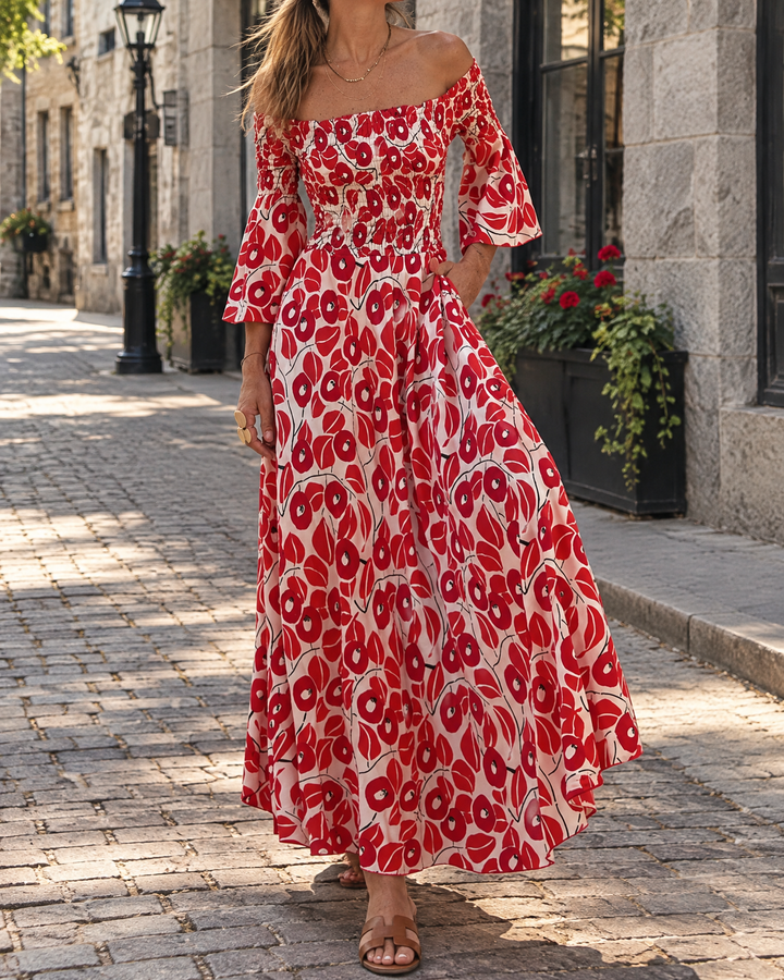 Seraphine - Off Shoulder Print Maxi Dress in red, in Old Montreal