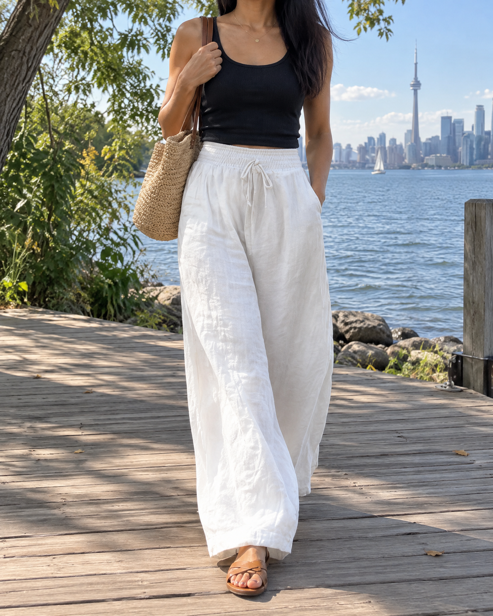 Manon - Wide Leg Drawstring Pants in white, on the Island boardwalk