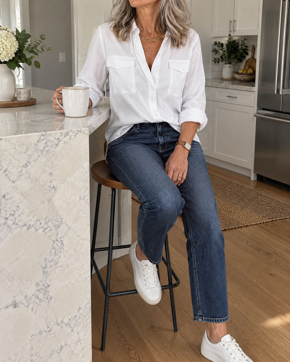 Louise - Pocket Detail Shirt in white, on a Sunday morning