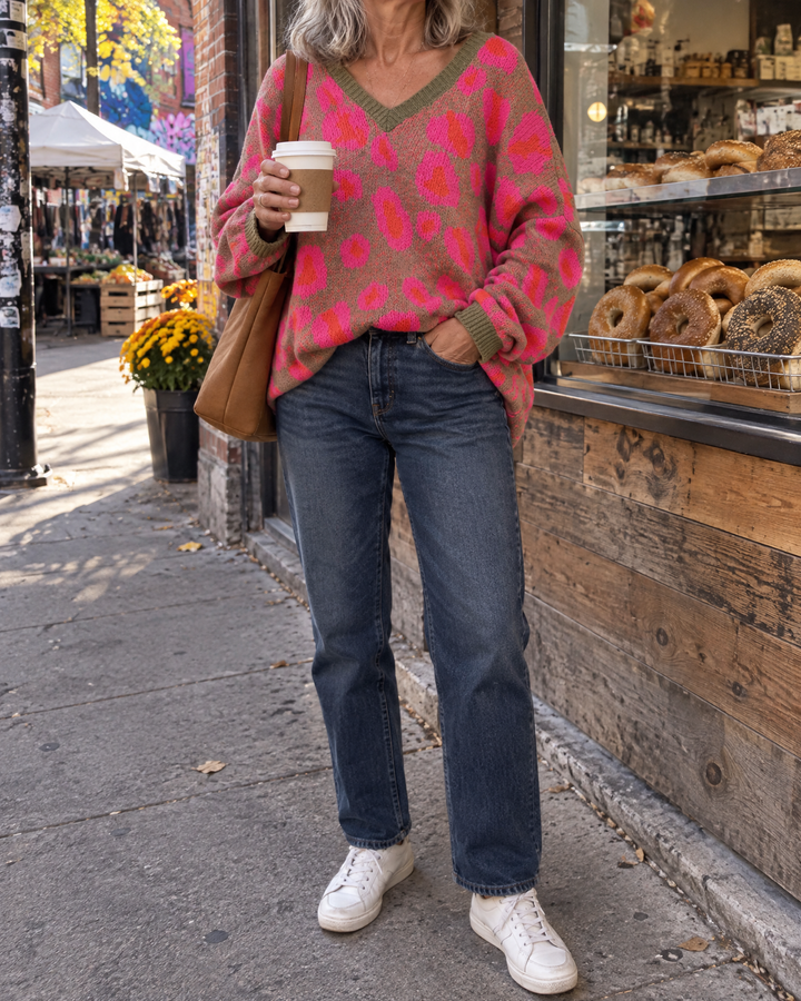 Paulette - Leopard V-Neck Sweater in hot pink, in Kensington Market