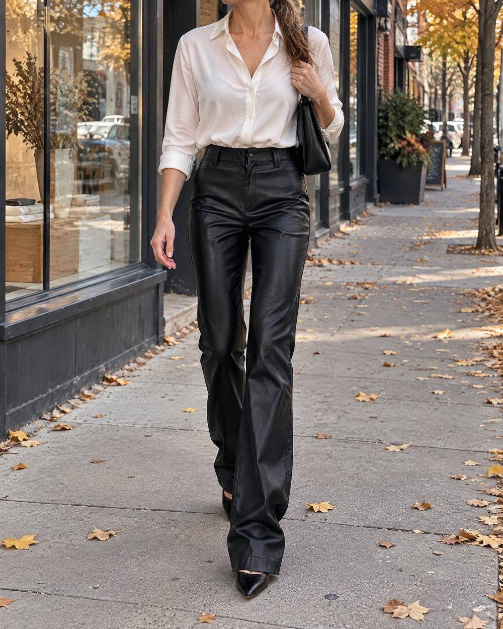 Roxane - Faux Leather Flare Pants in black, on Queen Street West