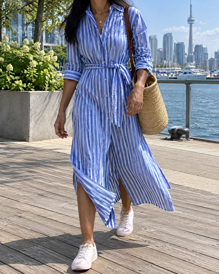 Laure - Belted Striped Shirt Dress in blue stripe, at the Harbourfront