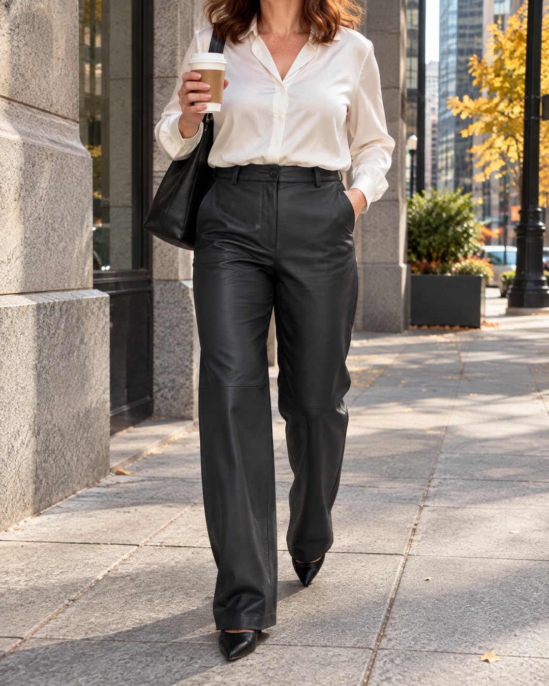 Pascale - Faux Leather Straight Pants in black, in the Financial District